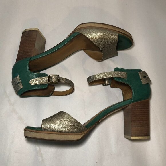 KUPURI Heels Women's Size US7.5 Green Silver Anthropologie Peep Toe Slingback - Picture 11 of 14